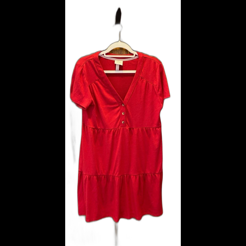 Knox Rose Dress Size Large Red Tiered Loose Fit‎ V Neck + Stretch Flirty Party